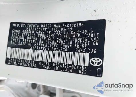 2020 Toyota Corolla Xse z USA, uszkodzony, nr VIN 5YFT4RCEXLP026936